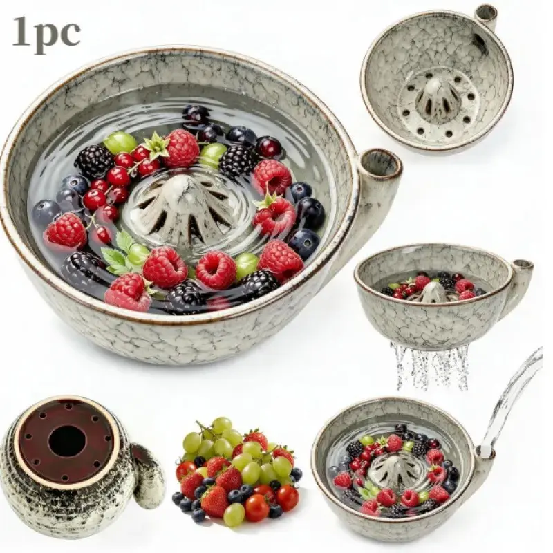1pc Berry Swirl Bowl Ceramic Self-Spinning Berry Washer, 360° Rotating Fruit & Vegetable Colander with Drain Holes for Washing, Rinsing & Draining Strawberries, Blueberries, Grapes, Veggies, Kitchen Food Prep & Home Use Fruit Strainer