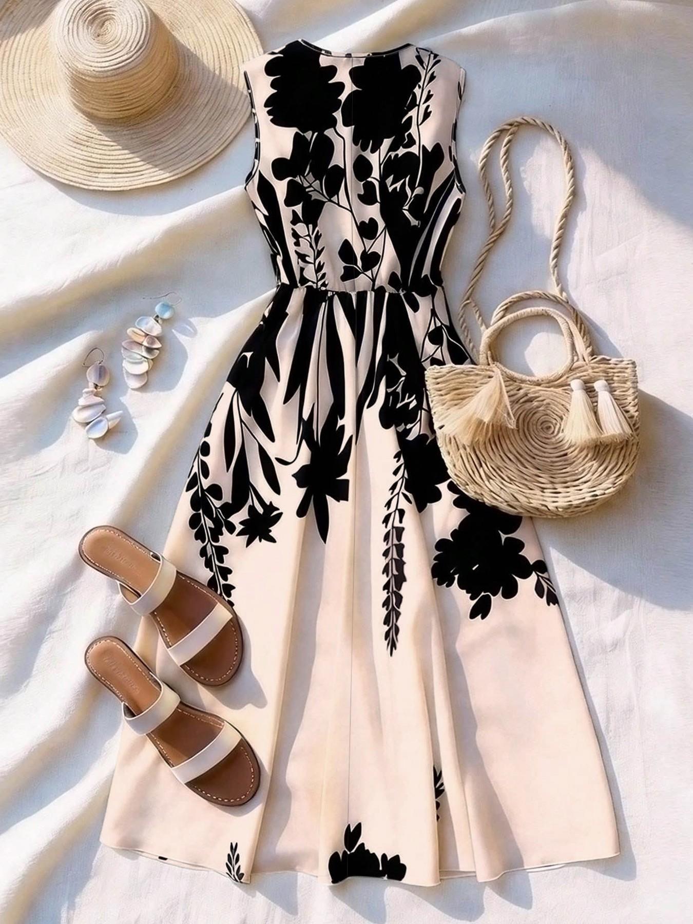 Women's Fashion Casual Sleeveless Floral Print Dress, Waist-Cropped Flare Skirt, Summer Vacation, Office, Beach, Graduation Party