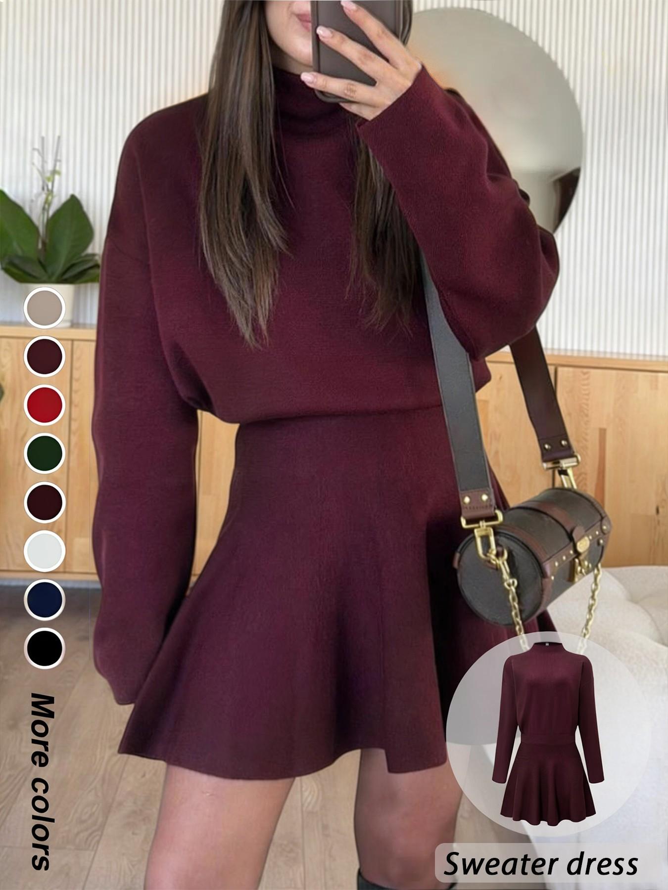 Women's Casual Mock Neck Sweater Dress, Fall/Winter Long Sleeve Solid Relaxed Fit Knit Dress