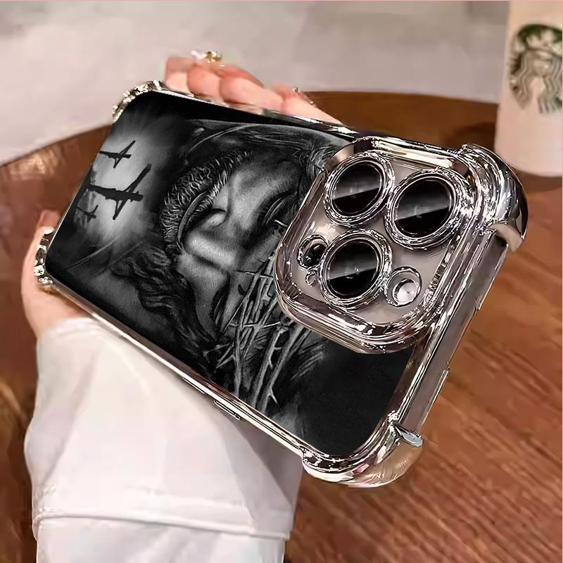 Jesus Clear Protective Four Comers Air Cushion Anti-drop CellPhone Case Clear BracketPhone Case for iPhone 16 15 14 13 12 Pro Max 15 14 Plus Four Corners Cases #IPYS6