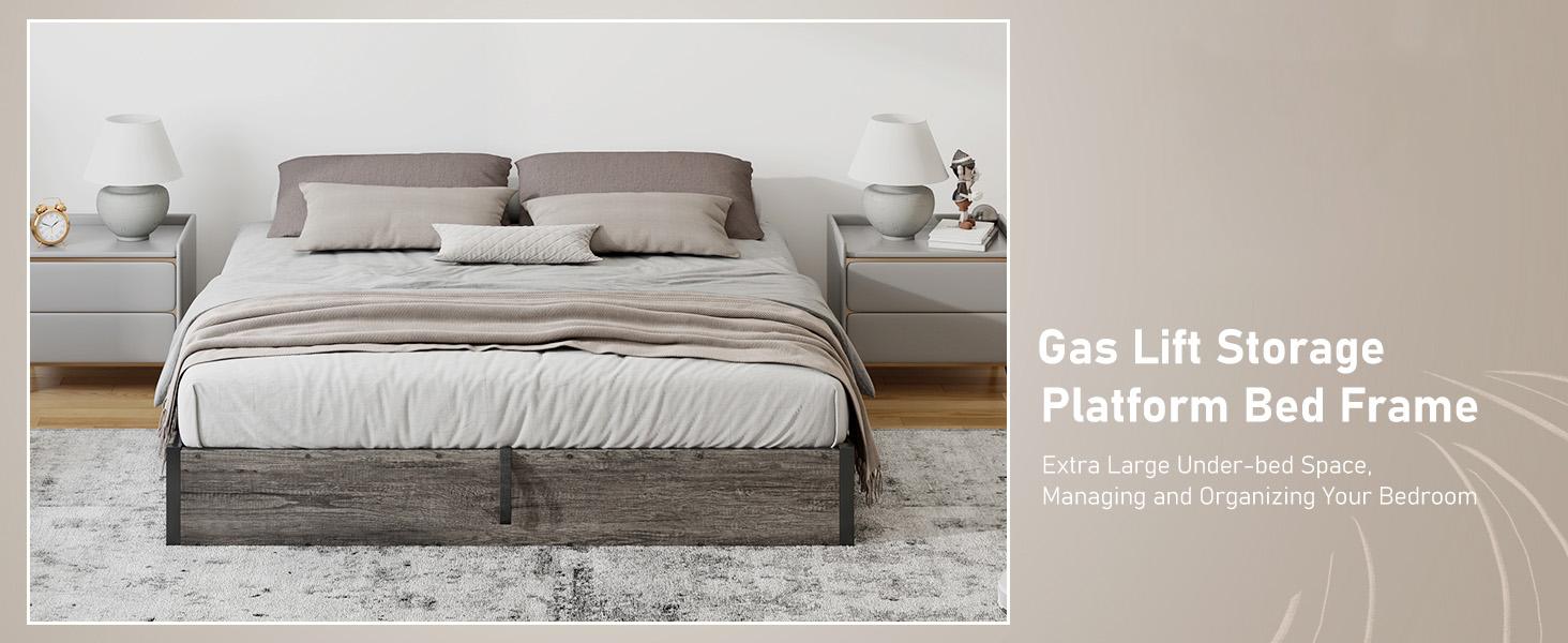 VanAcc Lift Up Storage Bed, Farmhouse Bed Frame with Storage Underneath, Wooden Platform Bed Frame, Solid Wood Slats Support, No Fixed Headboard, No Box Spring Needed