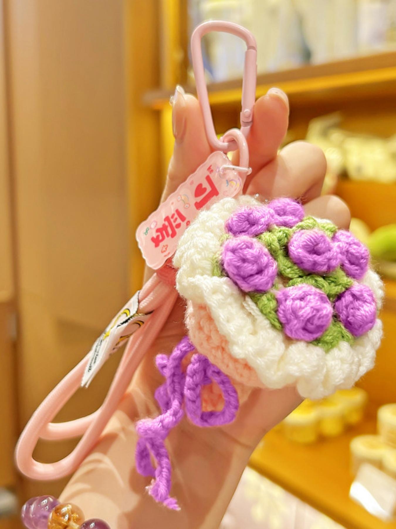 Handmade Crochet Mini Flower Bouquet Keychain Set Cute Knitted Rose Lavender Sunflower Pendant Key Ring Aesthetic Backpack Bag Charm Romantic Gift for Women Girls Her