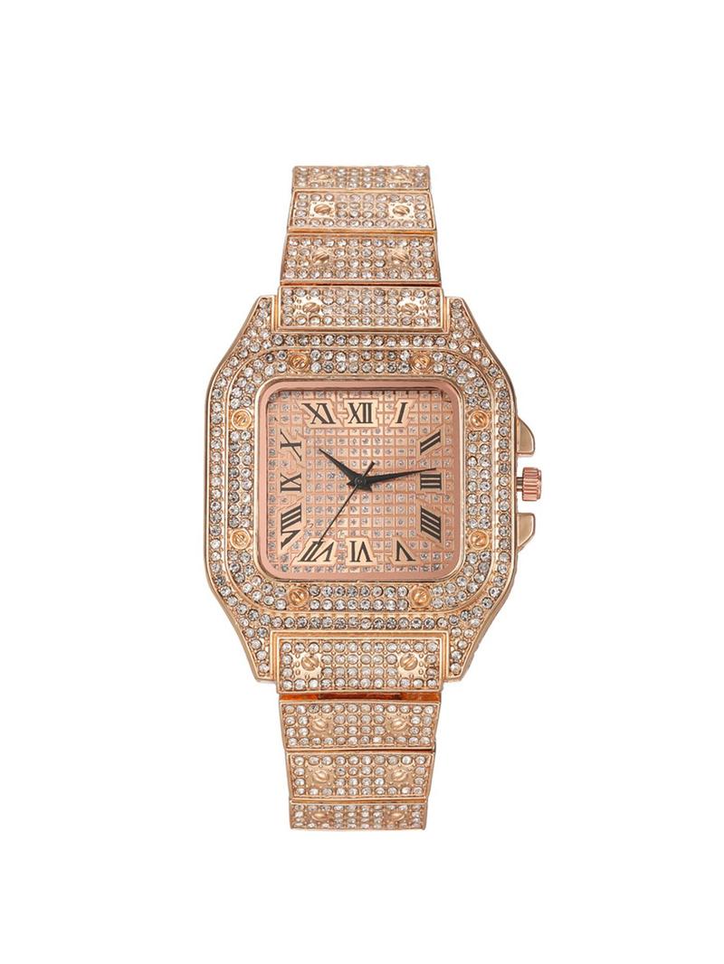 A square-shaped men's quartz watch featuring a starry sky design on the dial, stainless steel strap, diamond embellishments, and Roman numerals, Diamond Wrist Watch
