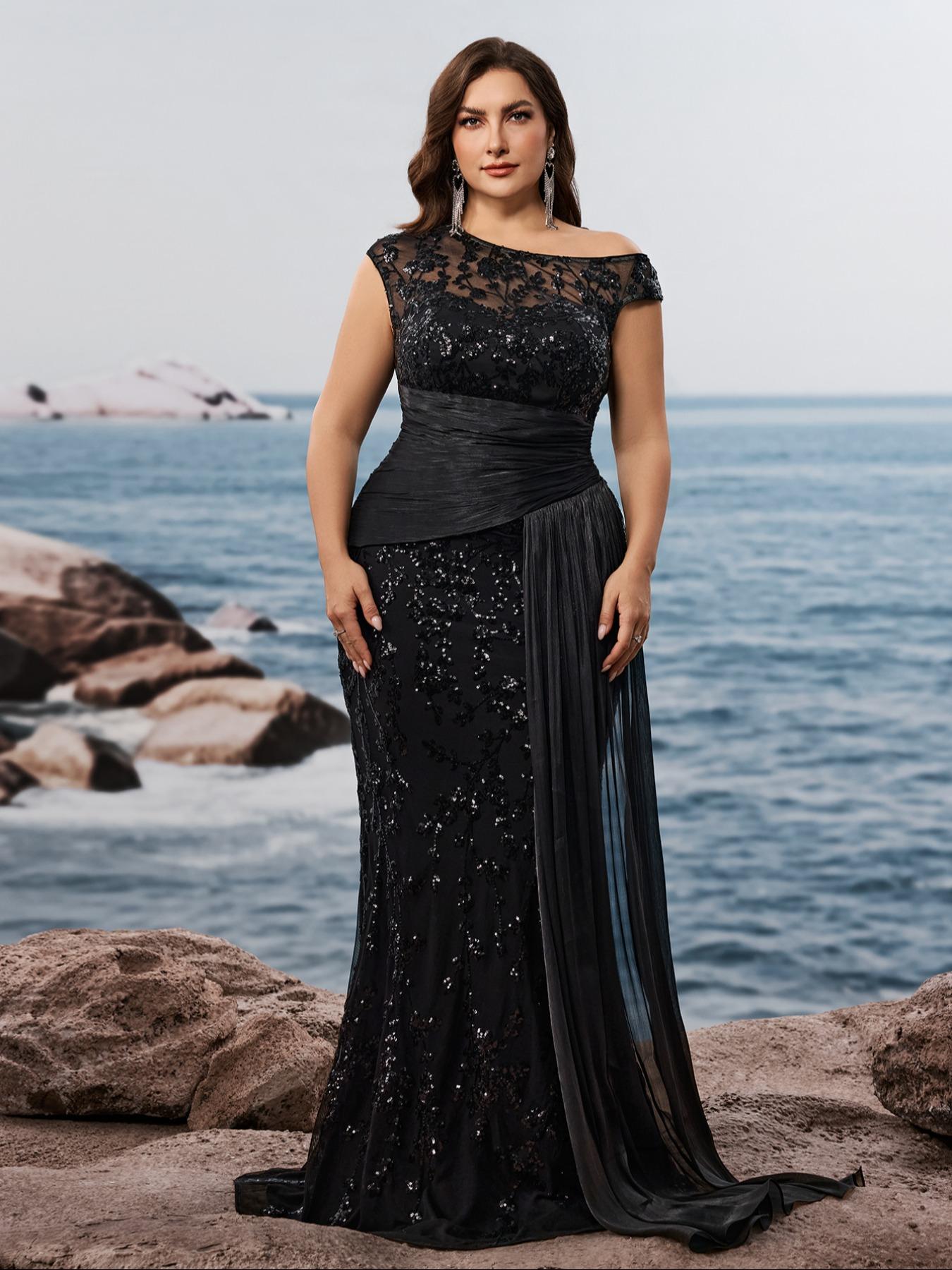 Elegant Long Formal Wear Evening Gown, Fitted Sequined Asymmetrical Neckline, Waist Tie, Ruched Hem, Embroidered Butterfly Sleeves, Mermaid Tail Design, Womenswear - TikTok Shop Elegant Long Formal Wear Evening Gown, Fitted Sequined Asymmetrical Neckline, Waist Tie, Ruched Hem, Embroidered Butterfly Sleeves, Mermaid Tail Design, Womenswear - TikTok Shop