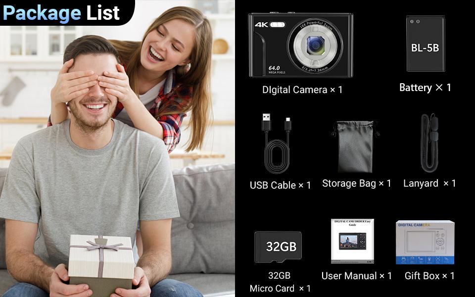 Multi-functional 4K & 64MP Digital Camera, Auto Focus Digital Camera, 16x Digital Zoom Cameras, Compact & Portable Mini Camera with 2.8" IPS Screen, 32G Memory Card and 1200 mAh Battery for Teens & Beginners, Seniors, Perfect Gifts for Halloween Outdoorfu