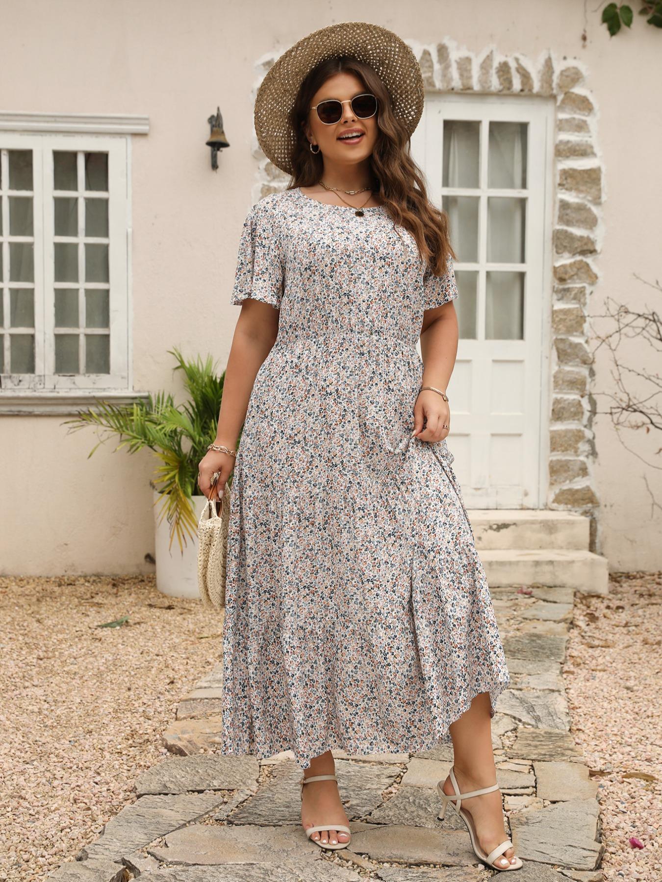 Women's Ditsy Floral Print A Line Dress, Boho Fashion Casual Plus Size Short Sleeve Dress for Daily Wear, Women Clothing, Womenswear, Summer Boho Clothes Women