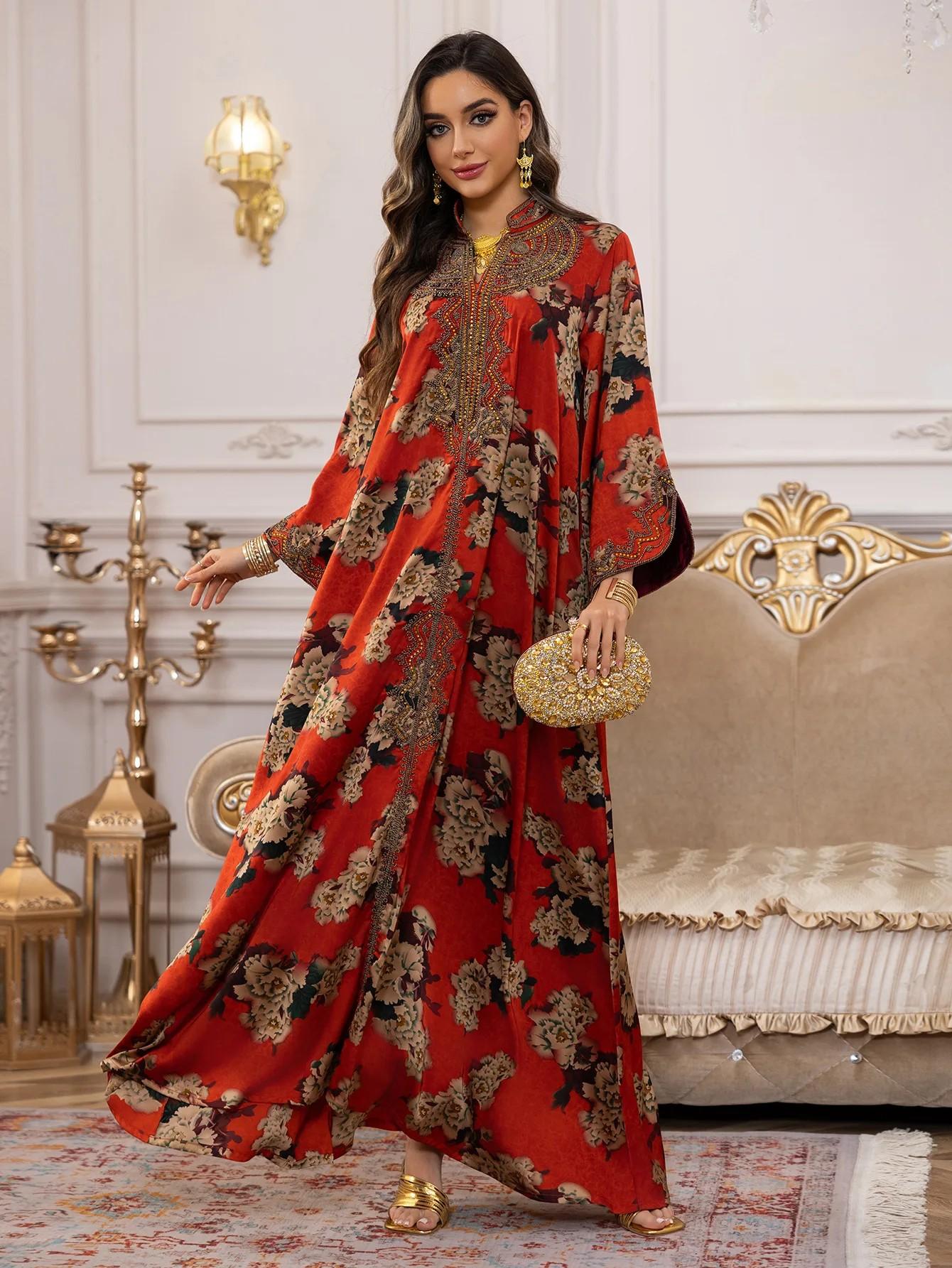 Middle Eastern Muslim Fashion Abaya, V-Neck Embroidered Ethnic Long Sleeve Dress, Modest Dresses, Modest Muslim Outfits, Modesty Muslim Clothing, Islamic Muslim Clothing, All Seasons Fitted Glossy Fabric, 103375 Model