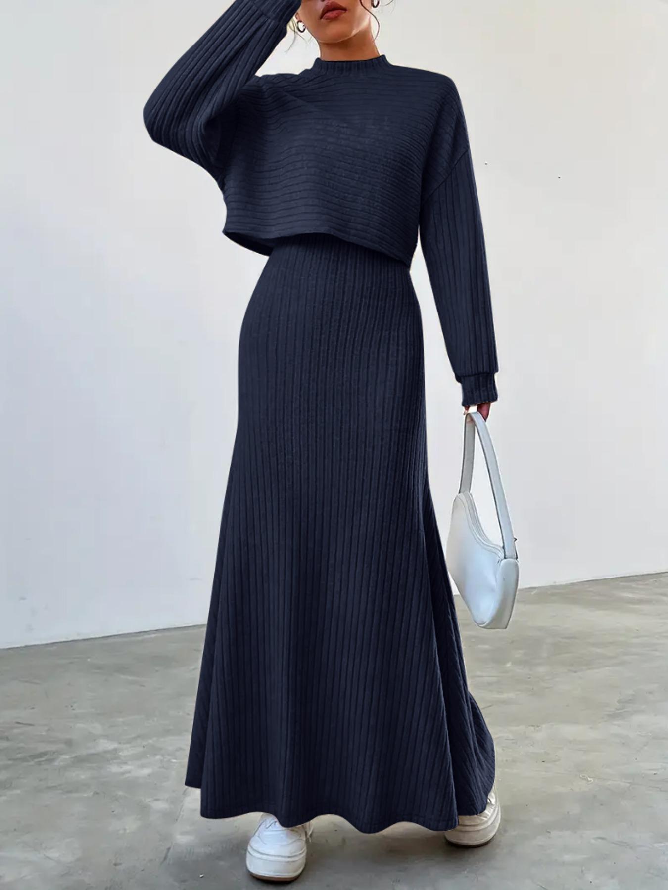 Women's Solid Color Long Sleeve Top & Long Dress Set, Casual Top, Lady Fall & Winter Clothes for Daily Wear