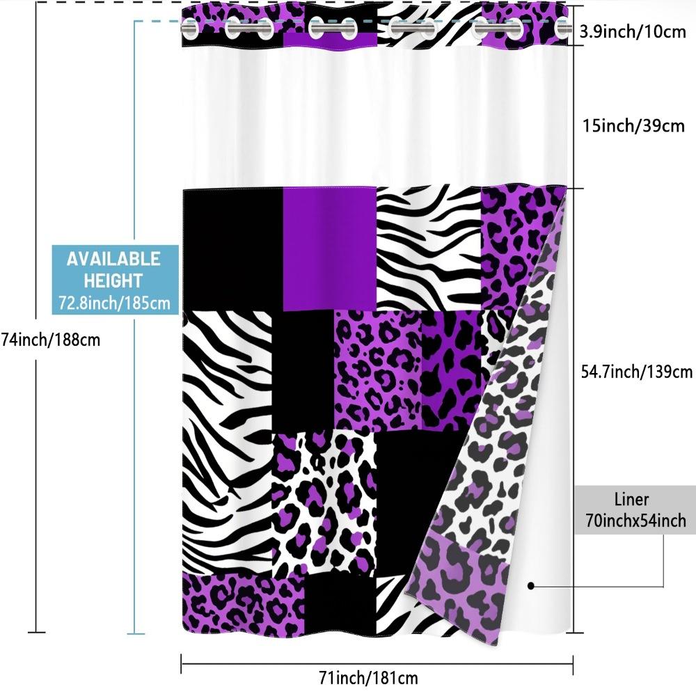 1pc hookless shower curtain with buckle lining, purple, black, white, leopard and zebra print patchwork design, 2D flat printing, waterproof fabric lining, see-through double-layer shower curtain, 71 x 74 inches, modern home draping curtain.