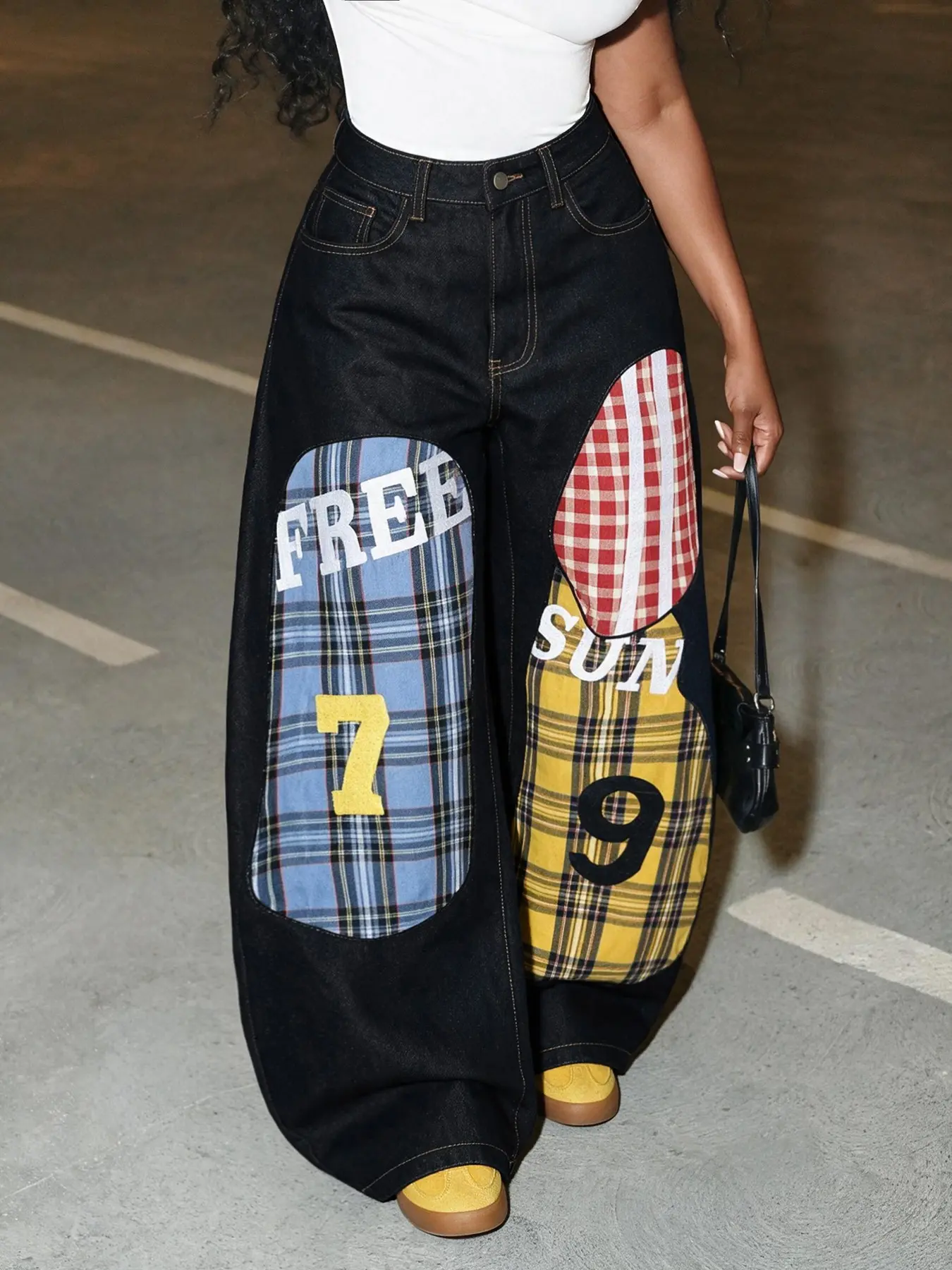Y2K Mid Rise Wide Leg Jeans Women, Retro Plaid Patchwork with Lucky 7/9 Embroidered Denim Pants, Vintage Wash Streetwear Loose Fit Trousers (Excluding belts and accessories)