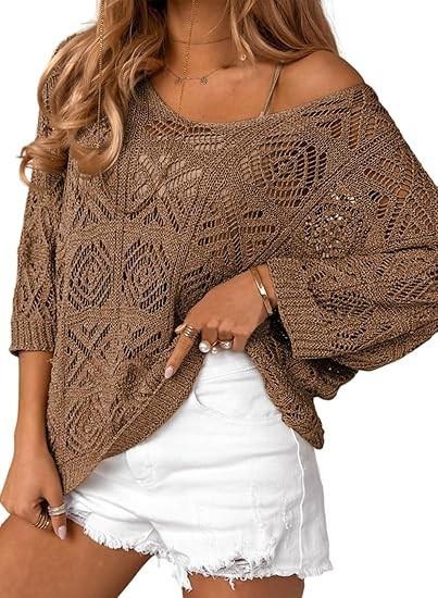 Women's Spring/Summer Crochet Hollow Out Three-Quarter Sleeve Pullover Sweater Batwing Sleeve Vacation Style Intellectual and Gentle Style