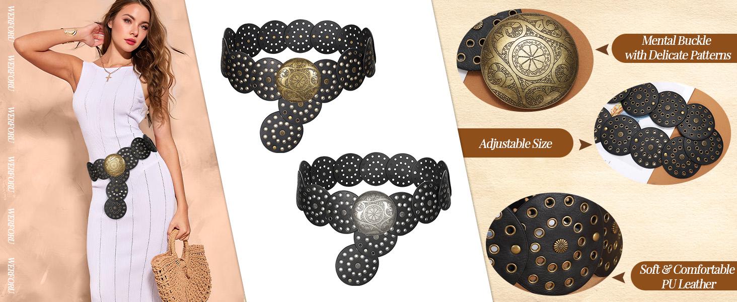 SUOSDEY chunky belt vibes Western Belts for Women Vintage Disc Waist Belts Concho Leather Belts Boho Waist Belt for Dress Jeans