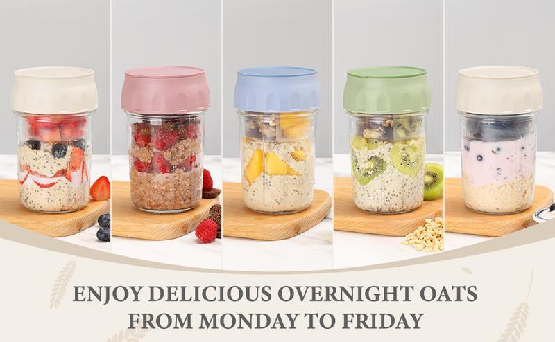Soligt 16oz Overnight Oats Containers with Lids Folding Spoons & Divided Compartments for Fruit Nuts Small Glass Mason Jars for Oatmeal Yogurt Parfait Portable Kitchen Utensils Food Storage Organizer Airtight Leakproof Reusable