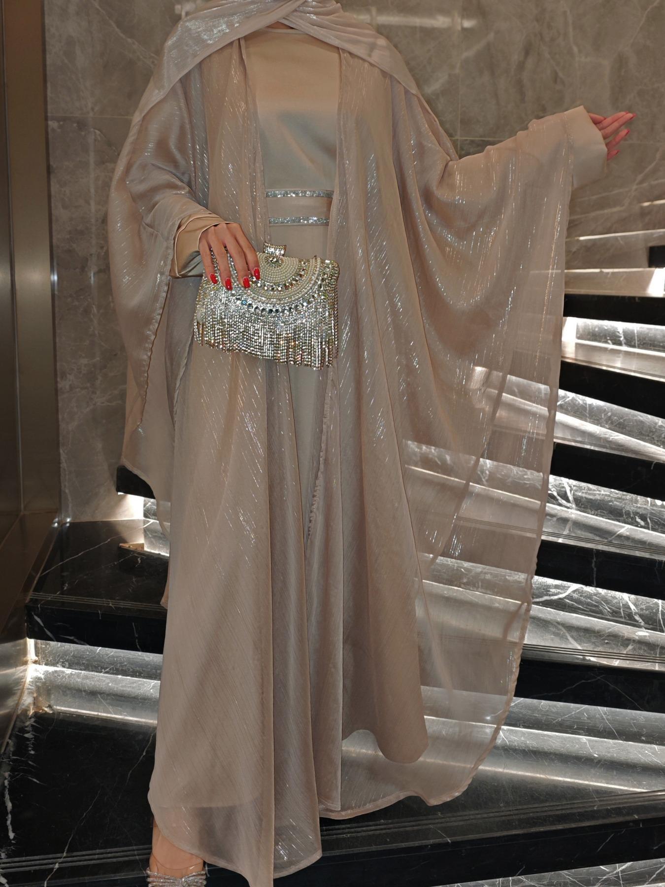Elegant Fashion Luxury Gold Thread Shawl Dress Set, Round Neck Sparkle Waist Belt Abaya Suit, Three-Piece Stylish, Round Neck Abayas, Belted Abaya
