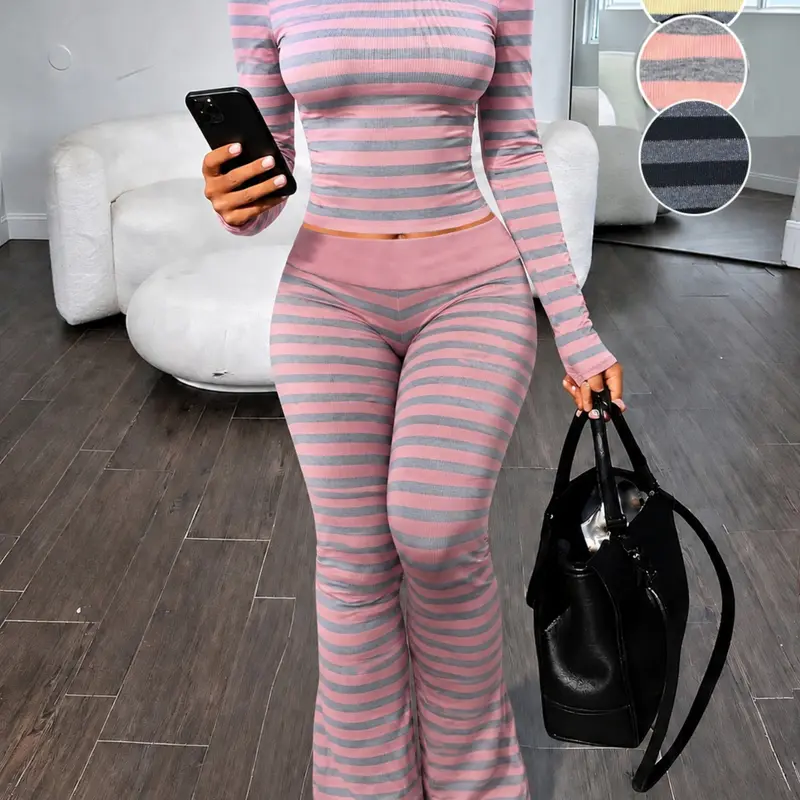 All-Season Striped 2-Piece Outfit Set, Minimalist Top Set, Off-Shoulder Long-Sleeve Fitted Top and High Waist Flared Pants, for Home Lounging, Daily Errands, Casual City Outings, for Young Adult Women