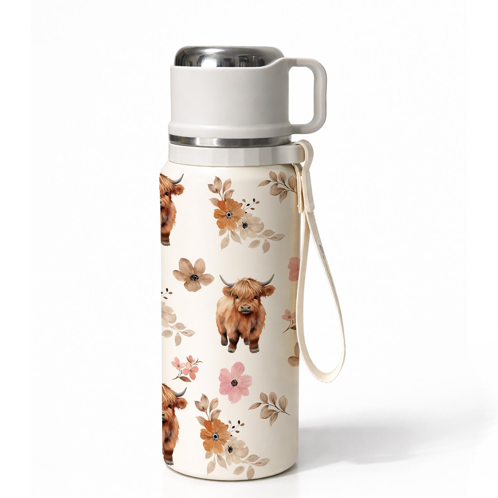 600ml Highland Cow Floral Insulated Water Bottle, 316 Stainless Steel Thermos with Handle & Strap, 48H Hot 24H Cold Leakproof Flask for Coffee Tea, Reusable Travel Tumbler for Outdoor Camping Hiking, Cute Aesthetic Gift for Women Girls