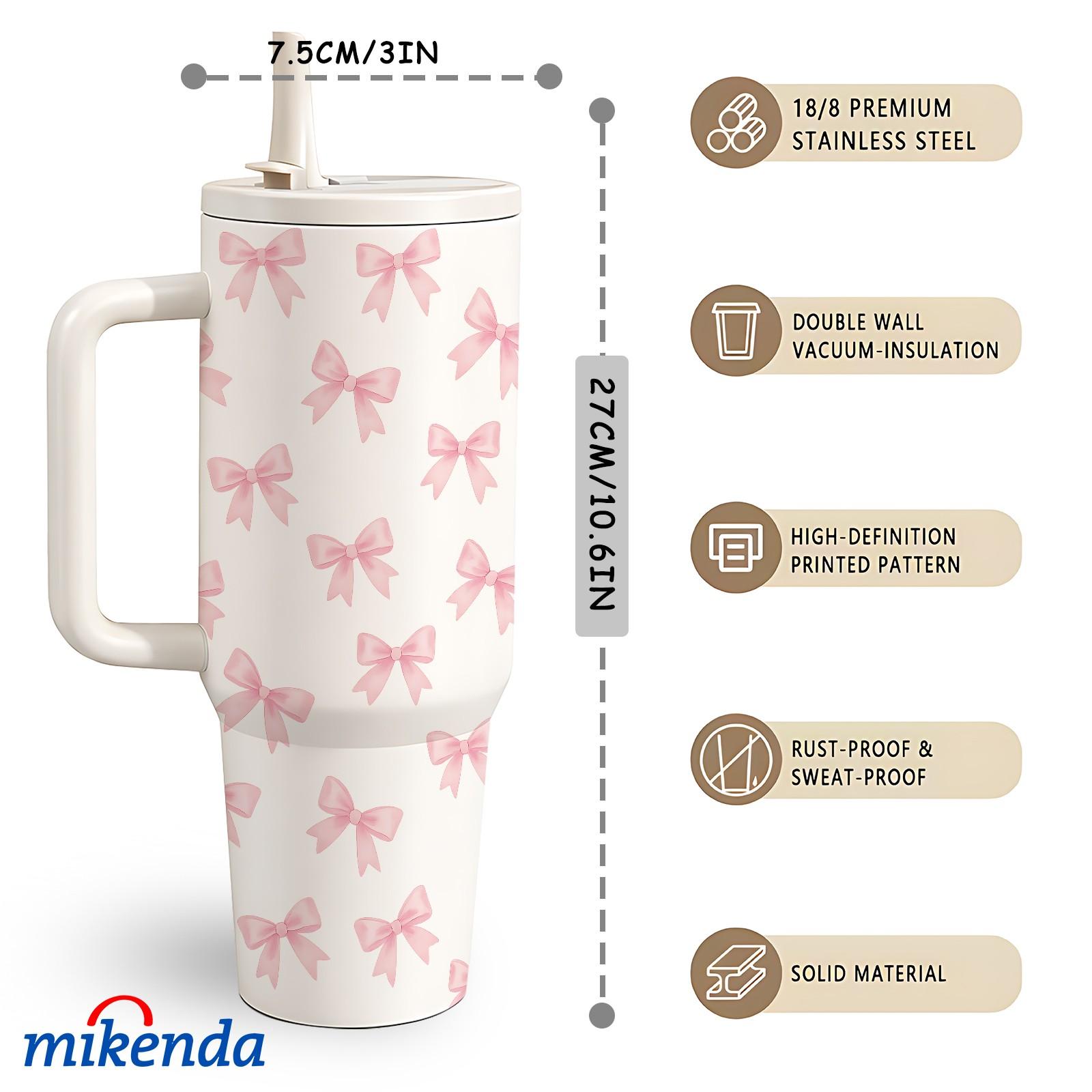 1 Pc 40 Oz Stainless Steel Water Cup with Handle and Folding Straw, Cute Pink Ribbon Bow Pattern Design, Double Wall Insulated Thermal Mug, Hot 12H / Cold 24H, Fun Drinkware, Easter Mother’s Day Birthday Holiday Gift for Friends.