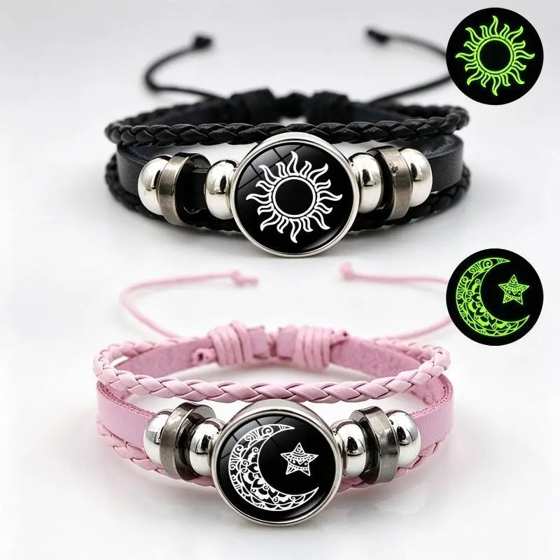 2pcs Sun & Moon Matching Couple Bracelets | Handcrafted Punk Beaded Woven Leather Bracelet | Bohemian Layered Outdoor Bracelet for Daily Wear Couple Gifts