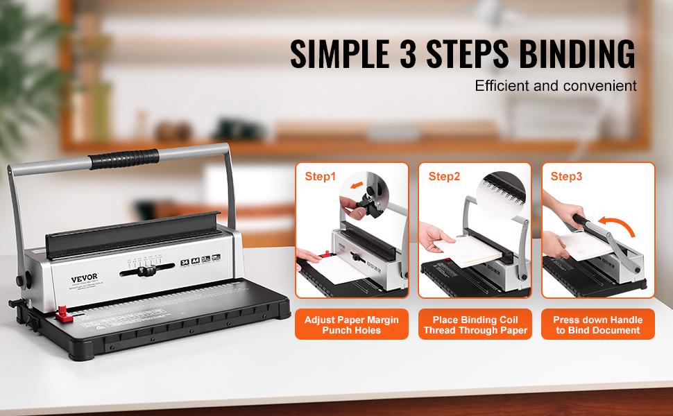 VEVOR Coil Spiral Binding Machine, Manual Book Maker 34-Holes Binding 120 Sheets, Punch Binder with Adjustable 3/16 - 9/16 Coil Binding Spines and Side Margin, for Letter Size, A4, A5