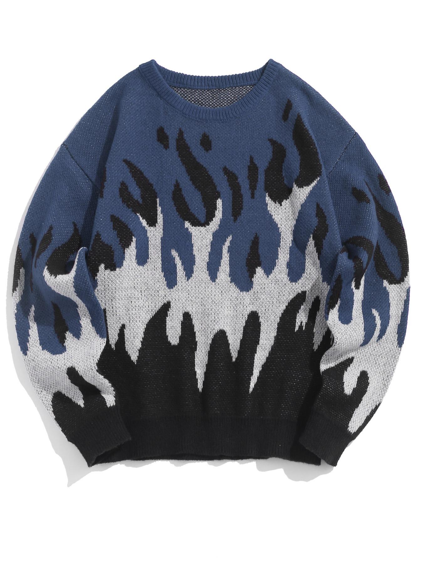 ZAFUL Men's Fall Winter Flame Pattern High Stretch Crew Neck Long Sleeve Sweater Ribbed Sweater Tops, Casual Loose Fit Knitwear for Men, Comfortable Daily Wear