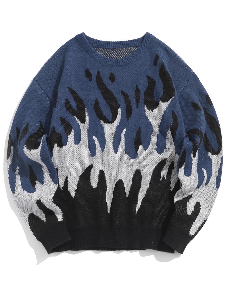 ZAFUL Men's Fall Winter Flame Pattern High Stretch Crew Neck Long Sleeve Sweater Ribbed Sweater Tops, Casual Loose Fit Knitwear for Men, Comfortable Daily Wear