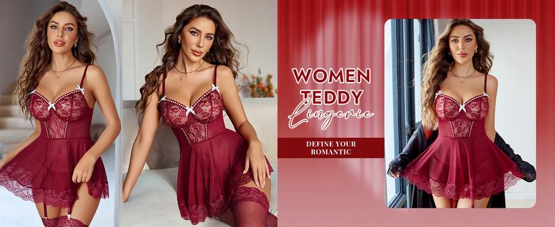 Avidlove Lingerie for Women Deep V Neck Lace Mesh Chemise Boudoir Nighty with Garter Belt