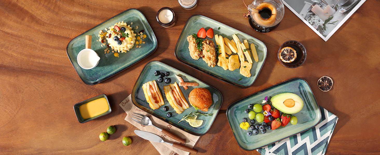 Stern Serving Platters Set of 4, 11 Inches Rectangular Serving, Green Serving Trays for Entertaining
