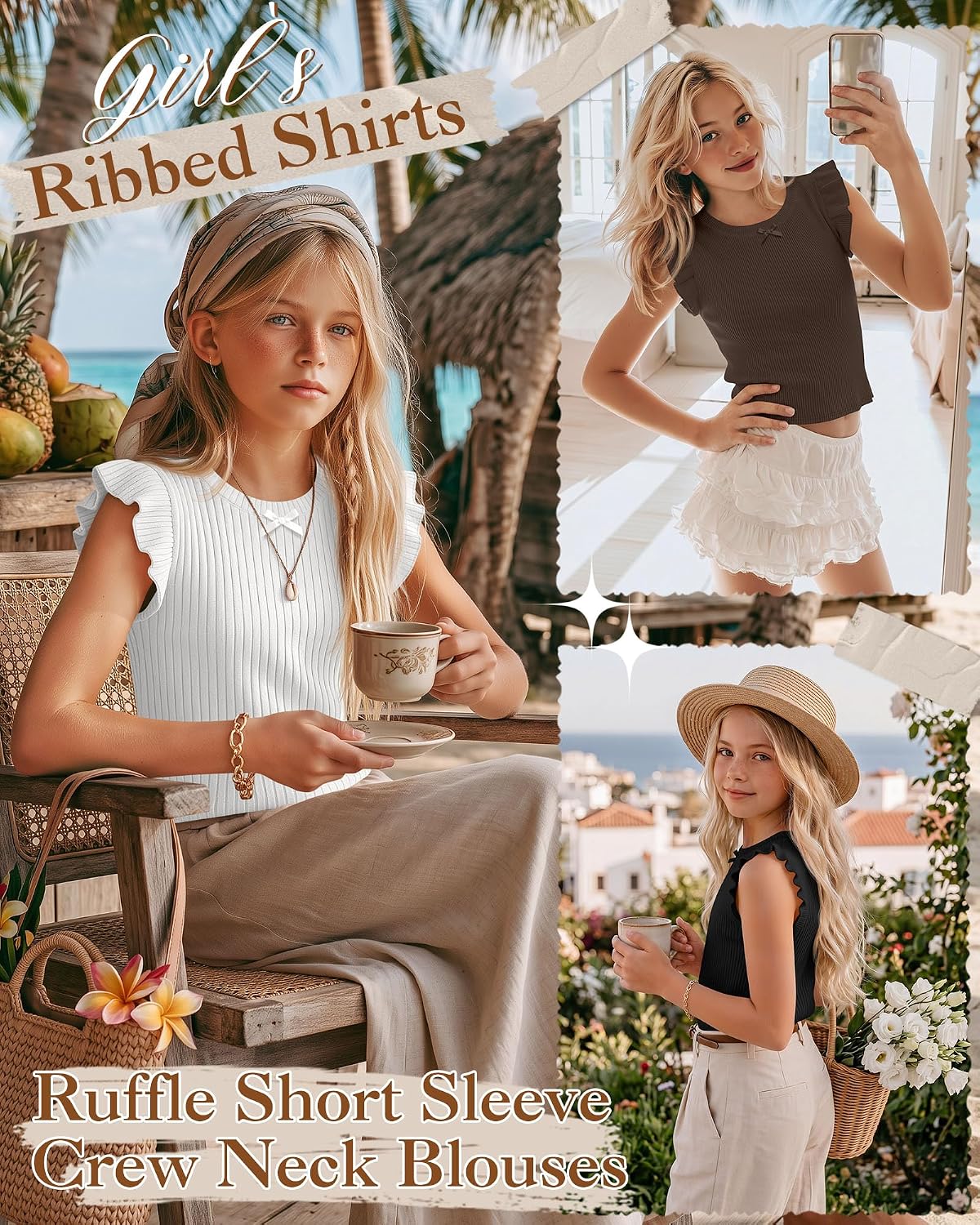 3 Pack Girls' Ruffle Sleeve T-Shirts| Short Sleeve Tops for Girls, Cute Casual Summer Shirts