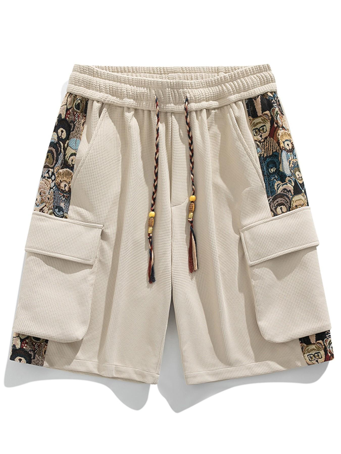 Men's Summer Cartoon Bear Embroidered cargo shorts, Loose-Fitting Breathable Waffle Vintage Style, Two-Piece Set, Fashionable and Comfortable