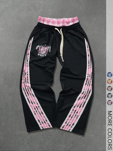 Men's Side Stripe Double Waisted Drawstring Waist Loose Wide Leg Sweatpants Streetwear Pants Men Street Wear Pants, Graphic Sweats, For Rave