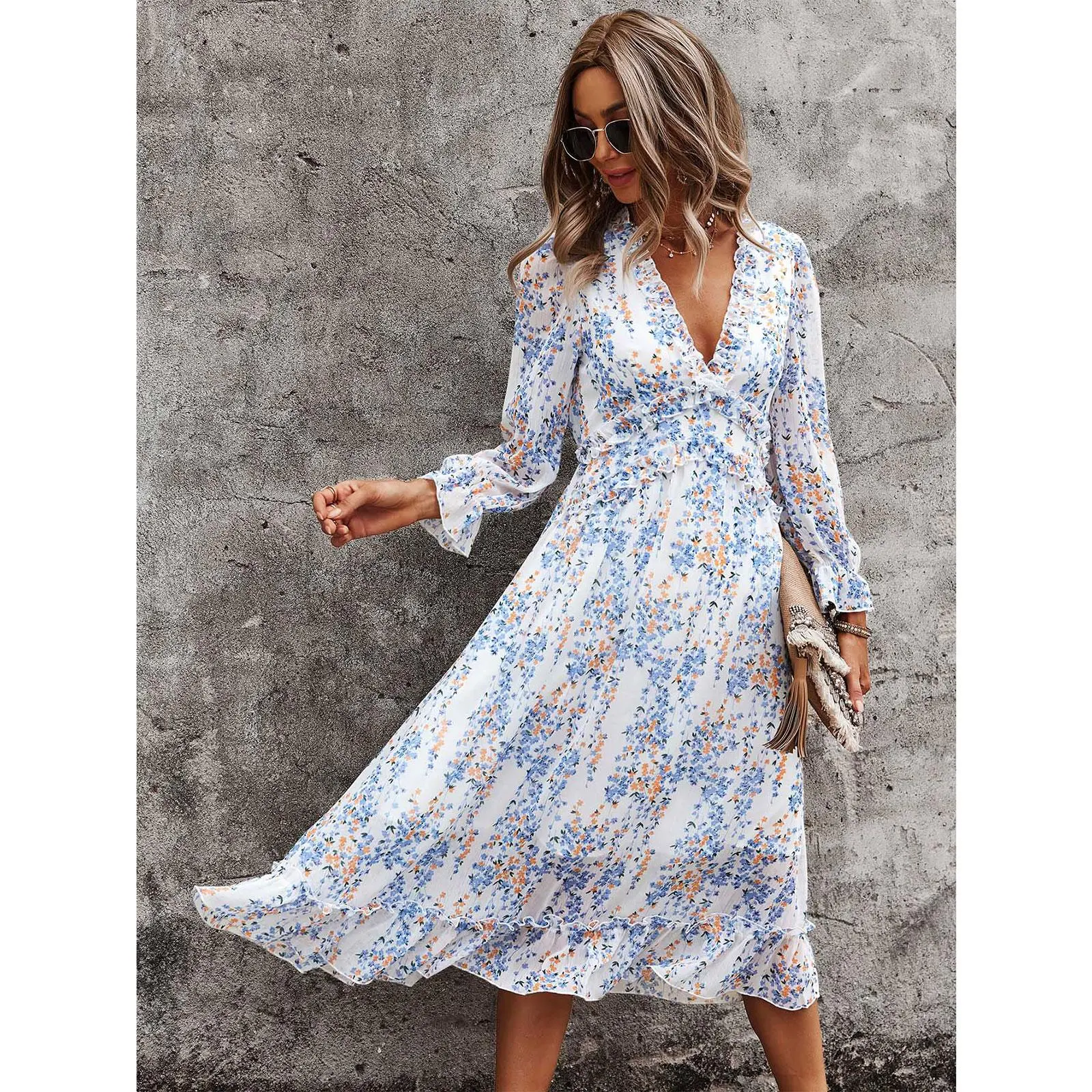 YNIQUE Women's Elegant V-Neck Long Sleeve Flowy Chiffon Midi Dress - Ruffled Collar, Elastic Waist, Waist Tie, Ruffled Hem, Comfortable Casual Wear for Day, Evening Parties