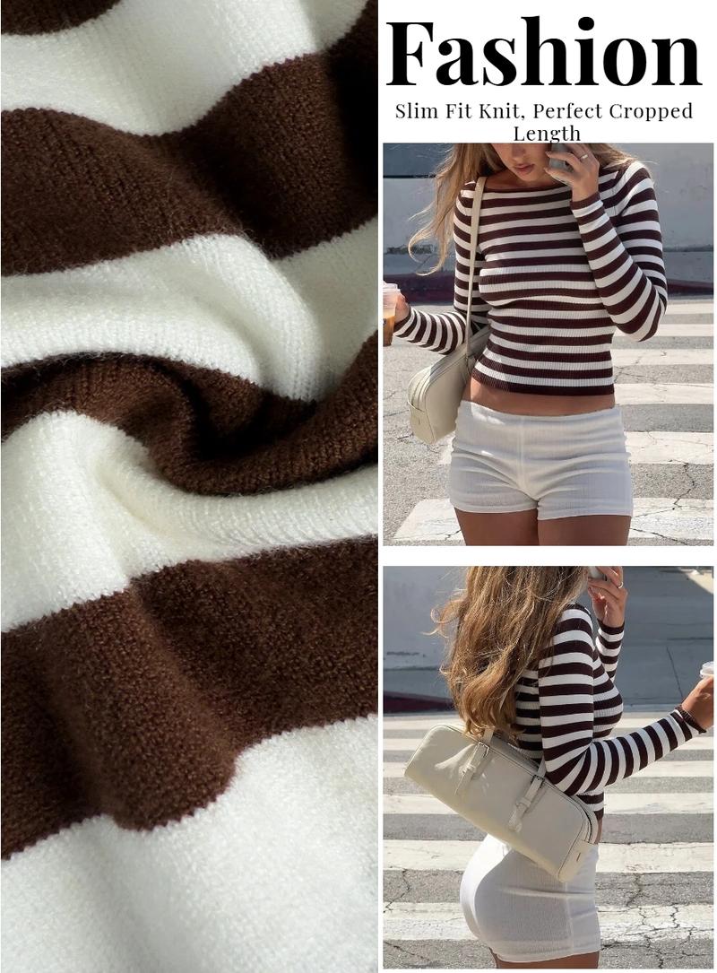 Women Striped Knit Top Brown White Blouse Long Sleeve Tee Slim Fit Sweater Boat Neck Top Ribbed Knit Blouse Stretch Fabric Top Casual Fashion Shirt Outfit French Chic Style Soft Knit Pullover Elegant Slim Top Lightweight Knitwear Casual Classy Top