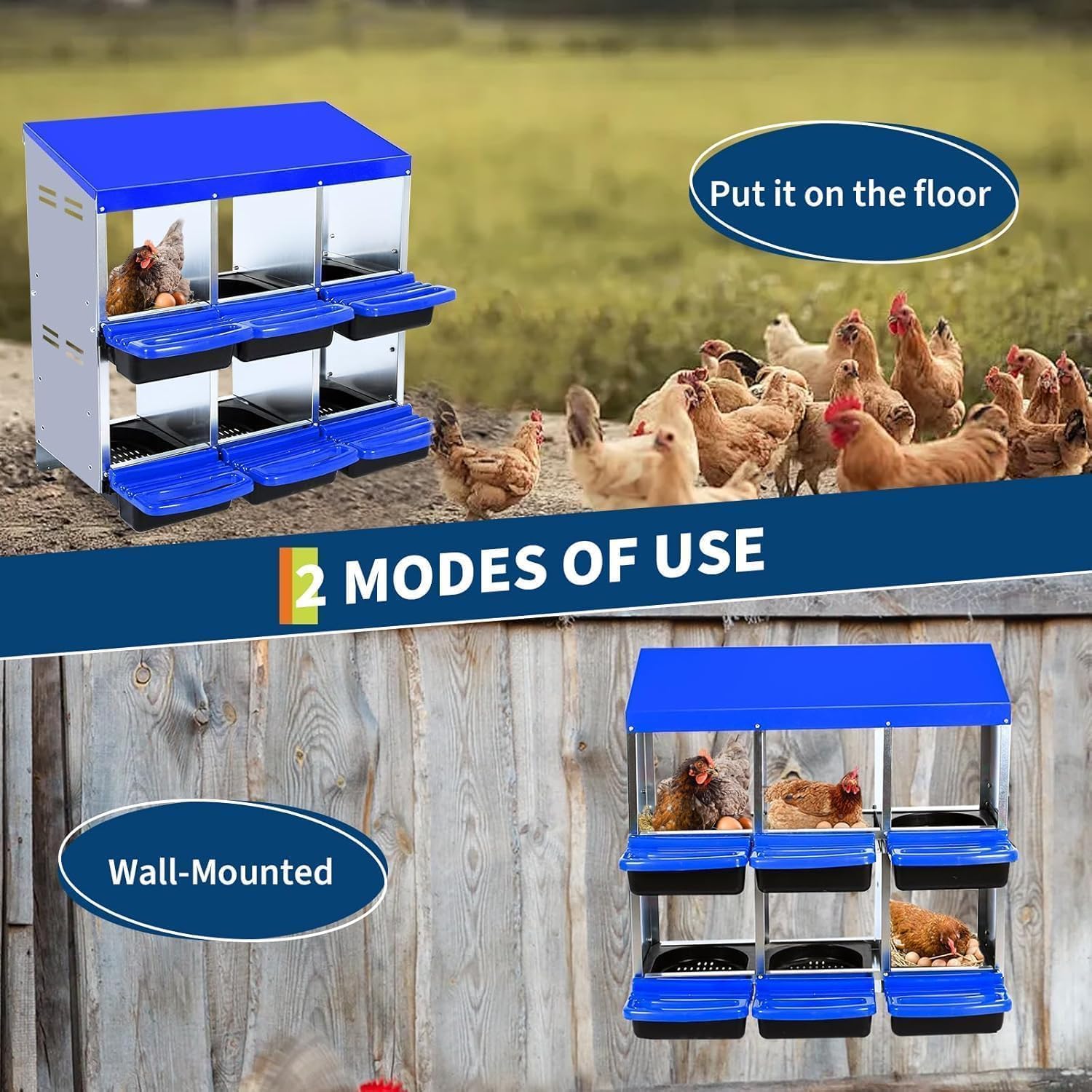 Chicken Nesting Boxes with Large Compartments & Ventilated Holes, Hens Egg Laying Boxes with Efficient Collection & Flexible Installation, 6 Holes, Blue