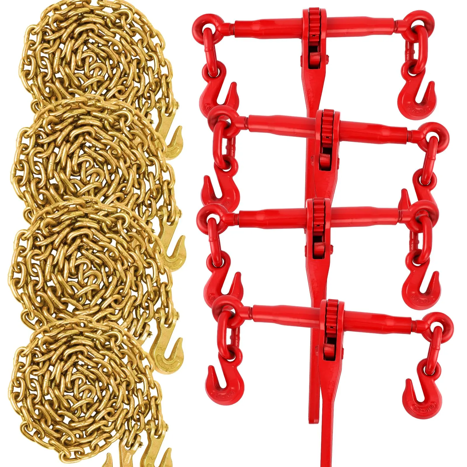 Grade 70 Ratchet Chain Binder Set with Transport Chains - 5/16-3/8 in x 10 ft, 9,200 lb WLL, 26,400 lb Break Strength - 14 in Ergonomic Handle