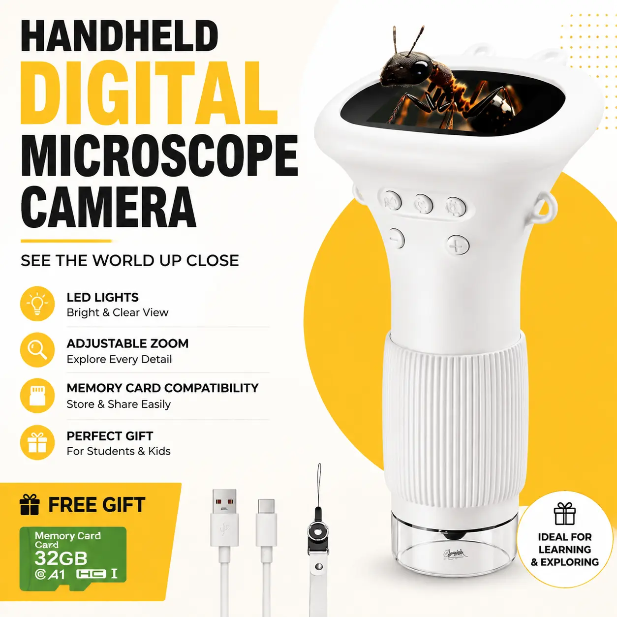 Handheld Digital Microscope with Built-In Display Screen, LED Illumination and Zoom Function, Compact Science Camera for Kids, Students, STEM Learning, Hobbies and Creative Discovery