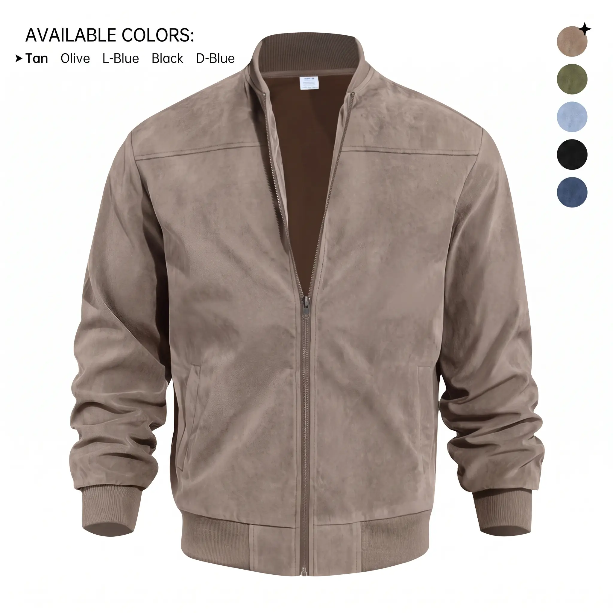 Men's Big & Tall Faux Suede Bomber Jacket - Plain, Long Sleeve, Stand Collar, Full Zip, Stretch Menswear Tops, Casual Outerwear with Ribbed Cuffs, Pockets for Daily Wear, Travel (Spring Fall, 5 Colors)