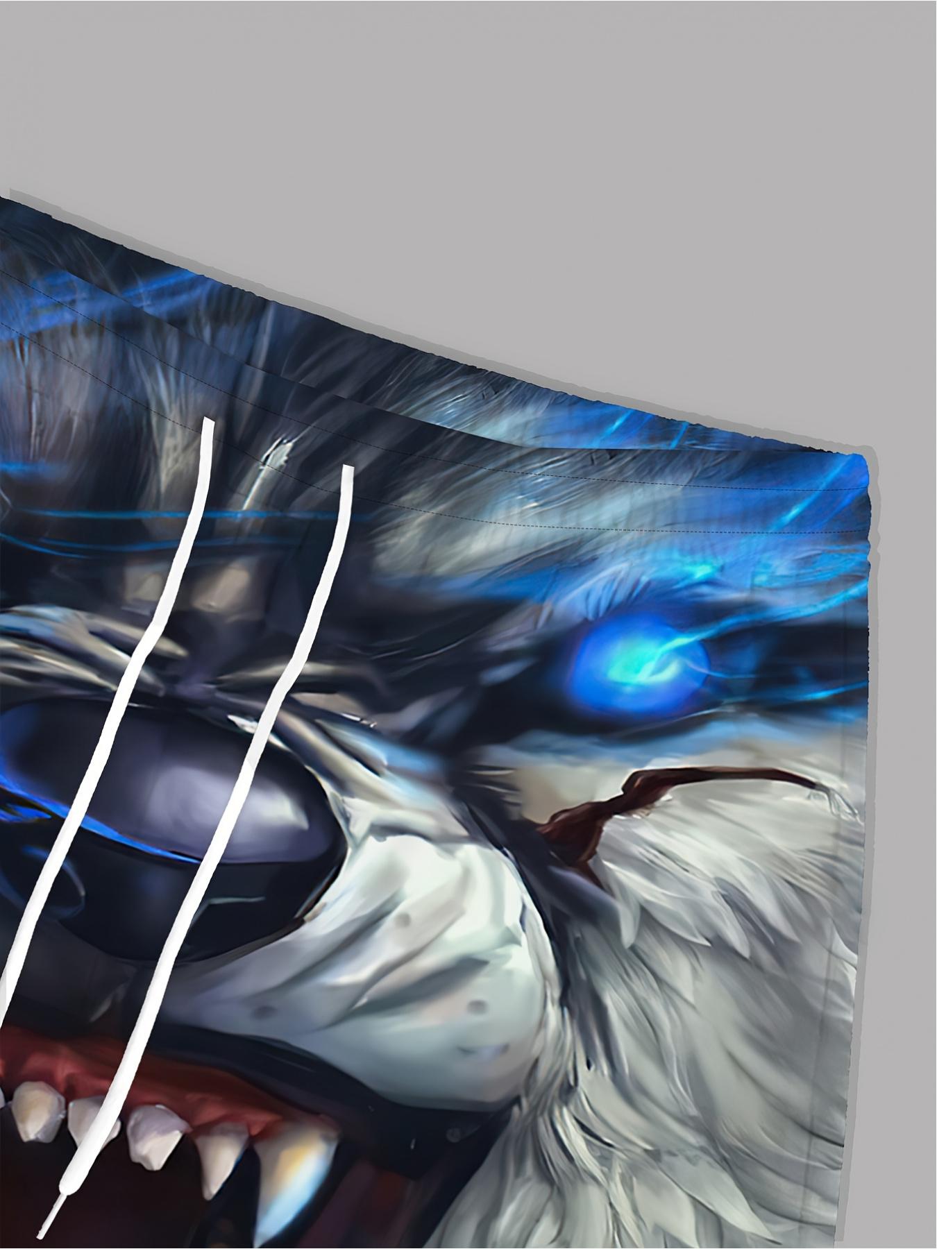 Men's extra-large and extra-extra large 3D printed pattern shorts - Bold wolf design, featuring blue eyes and white fur, breathable polyester beachwear, adjustable waist design, machine washable, adjustable swimsuit, wolf pattern shorts, polyester shorts