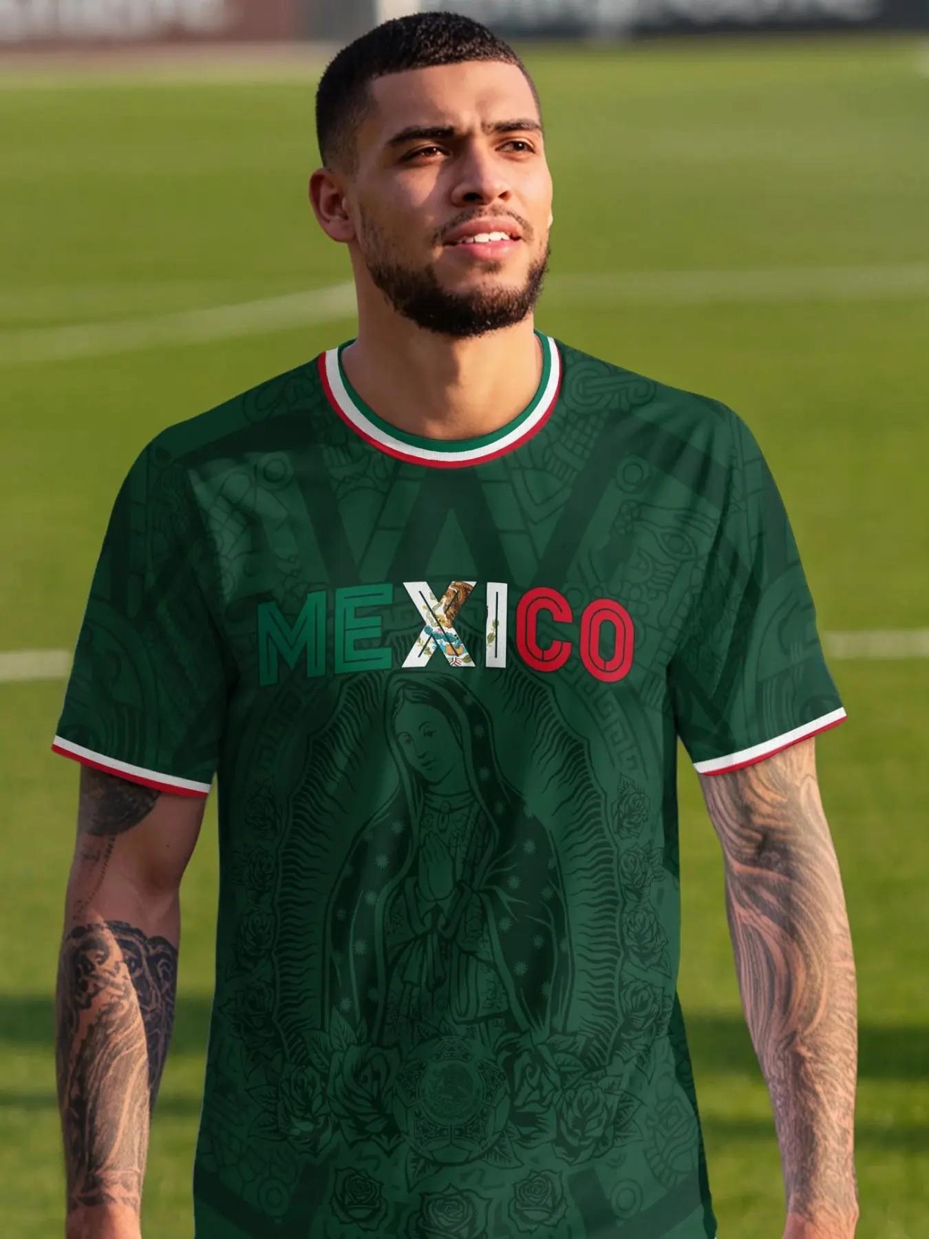 Men's Mexican Guadalupe Virgin Aztec Soccer Jersey, Sporty Geometric Pattern, Loose-Fit Short Sleeve Top, All-Seasons Wear