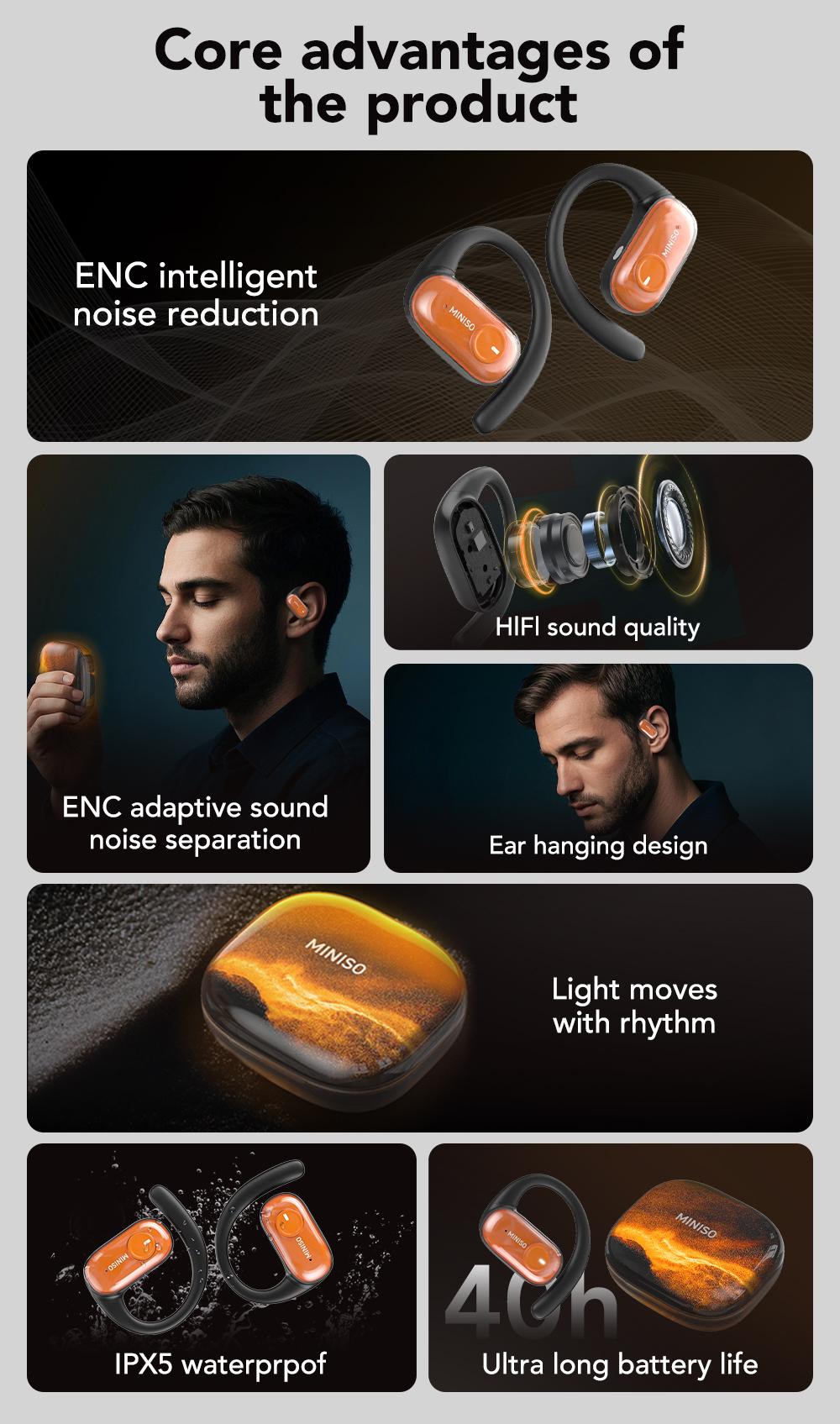 MINISO MS185 OWS Open Ear Wireless Bluetooth Earbuds Quicksand Luminous Headphones HIFI Sound Quality Sports Headphones IPX5 Waterproof With microphone