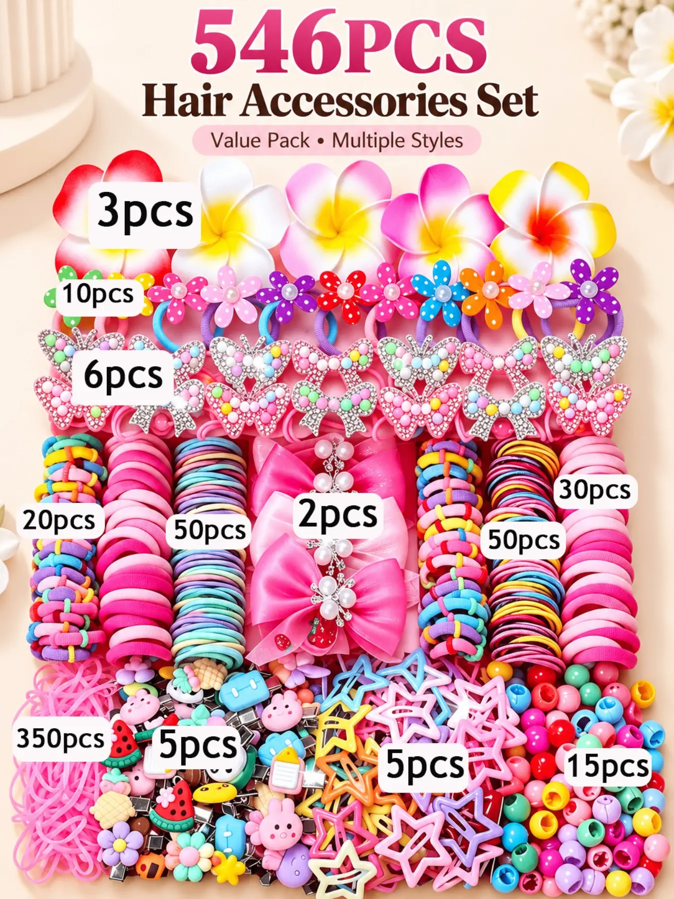 546 Pcs Girls' Hair Accessories Set, Colorful Cartoon Hair Clips, Flower Barrettes & Elastic Hair Ties for Daily Wear, School & Birthday Gifts