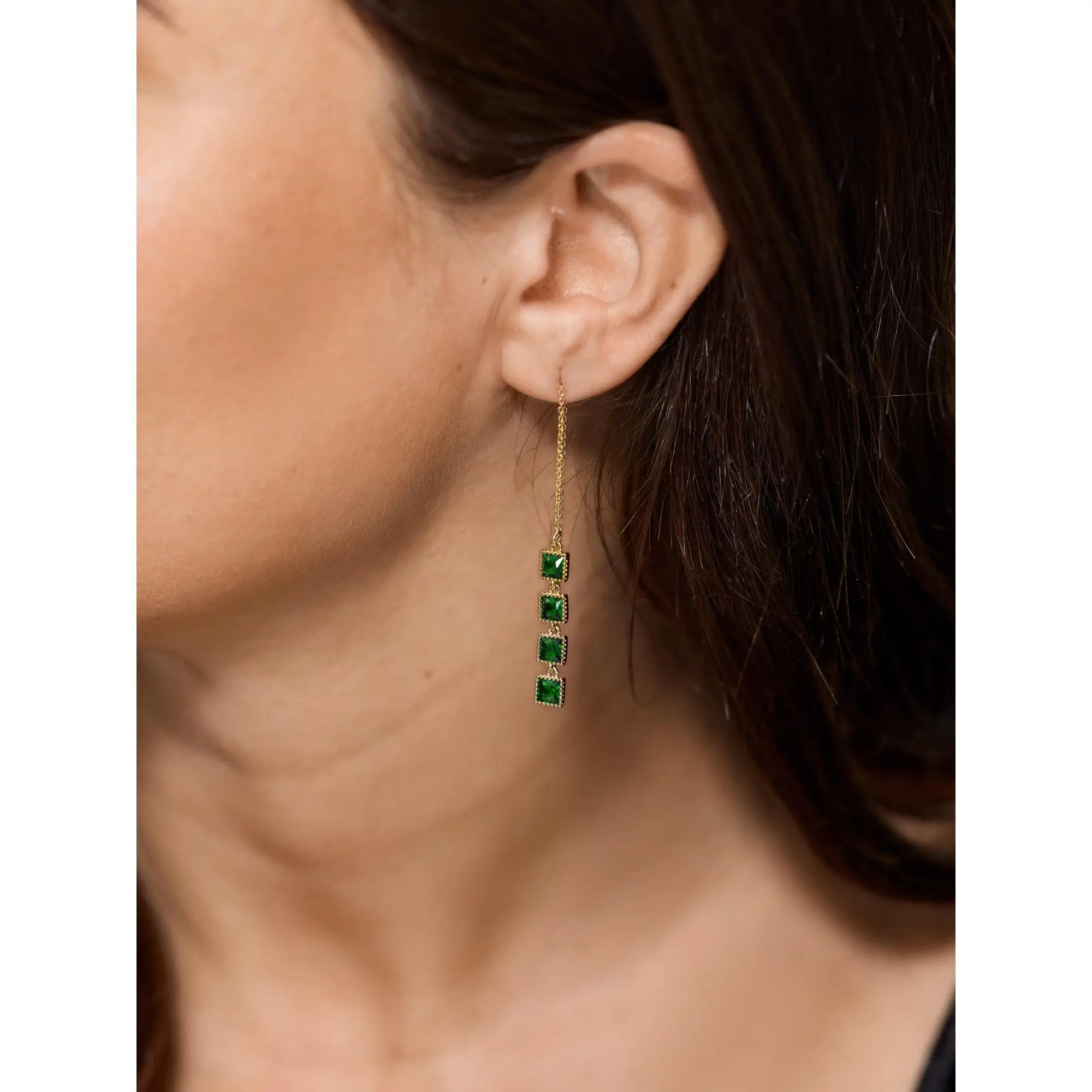 BLOOMCHIC  Vintage Emerald Square Gem Threader Earrings