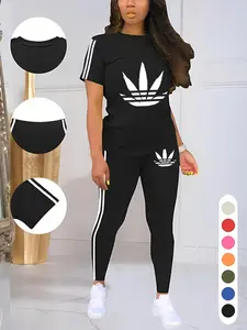 Women's Printed Casual Sporty Round Neck Drawstring Short Sleeve and Long Pants Two-Piece Set, Fitted Letter Pattern, Summer, Athleisure Wear Set, Workout Summer Clothes