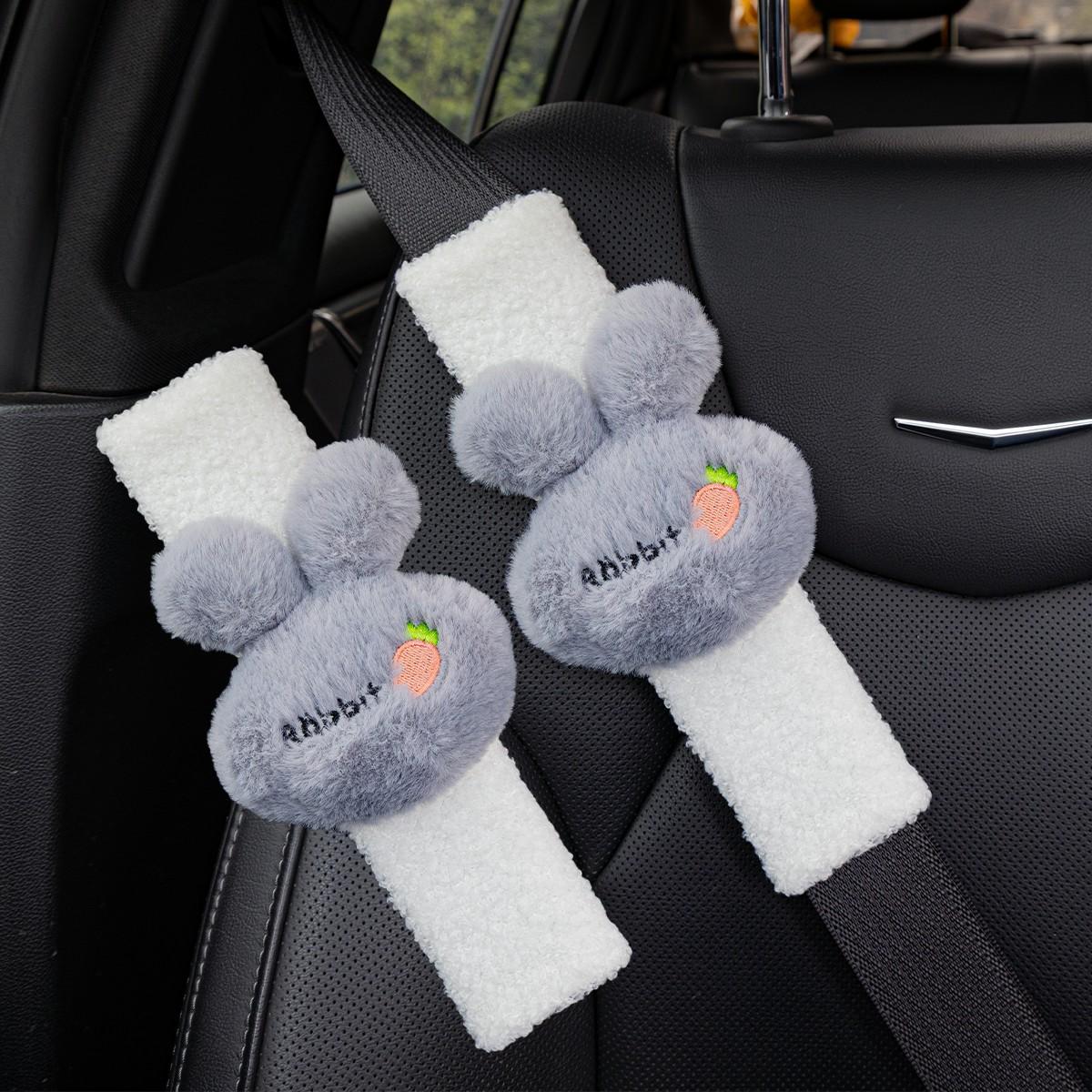 2 Pack Cute Rabbit Carrot Car Seat Belt Covers, Soft Sherpa Plush Fluffy Pads, Comfortable Anti-Rub Accessories, Universal Fit for All Cars