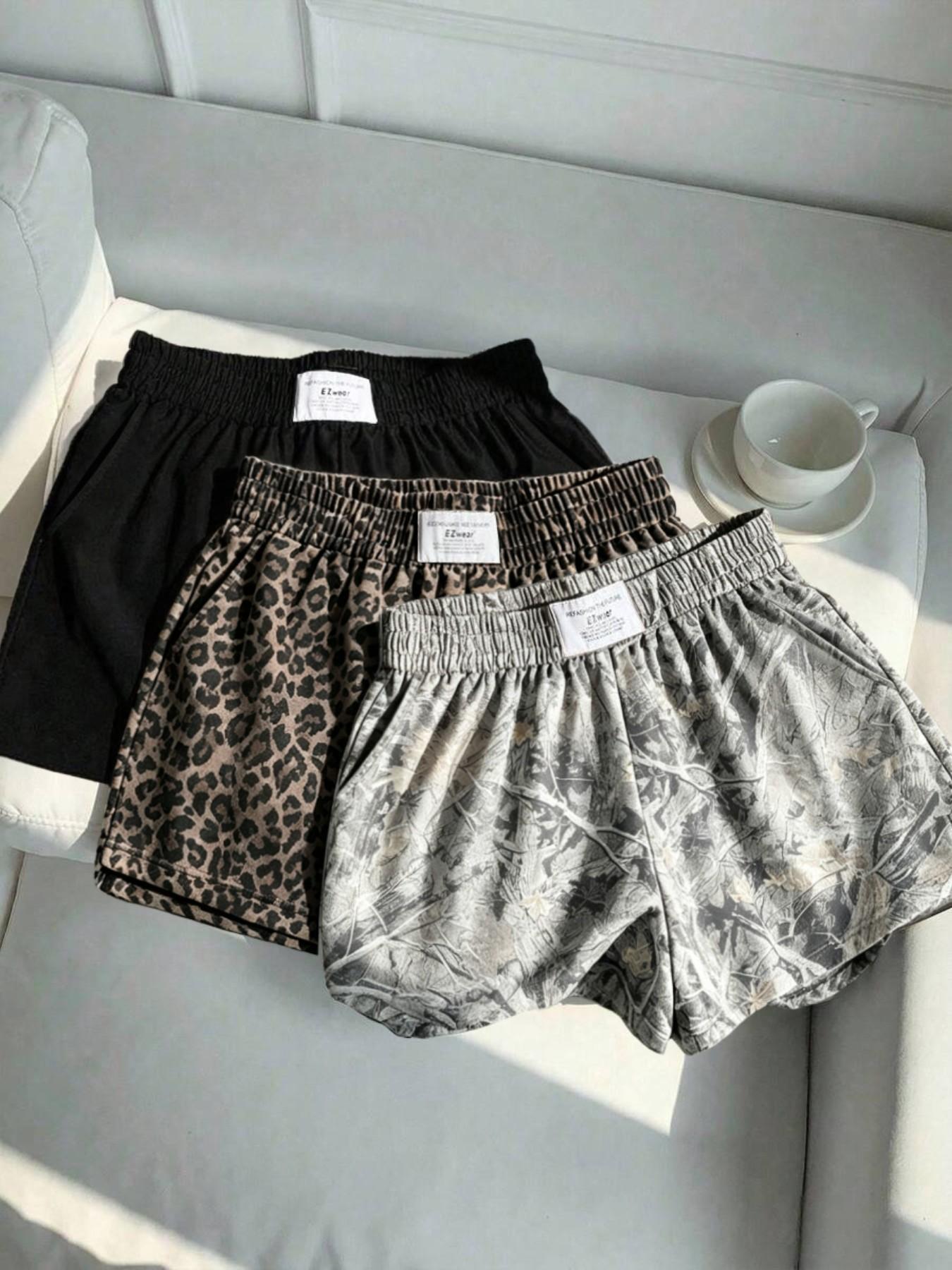 3-Pack Women's Summer Solid + Camo Tree Pattern + Leopard Print Logo Side Pocket Loose Sporty Shorts, Elastic Waist Design, Essential Shorts for Casual Outdoor Wear, Sports Fitness, and Street Style Outfits