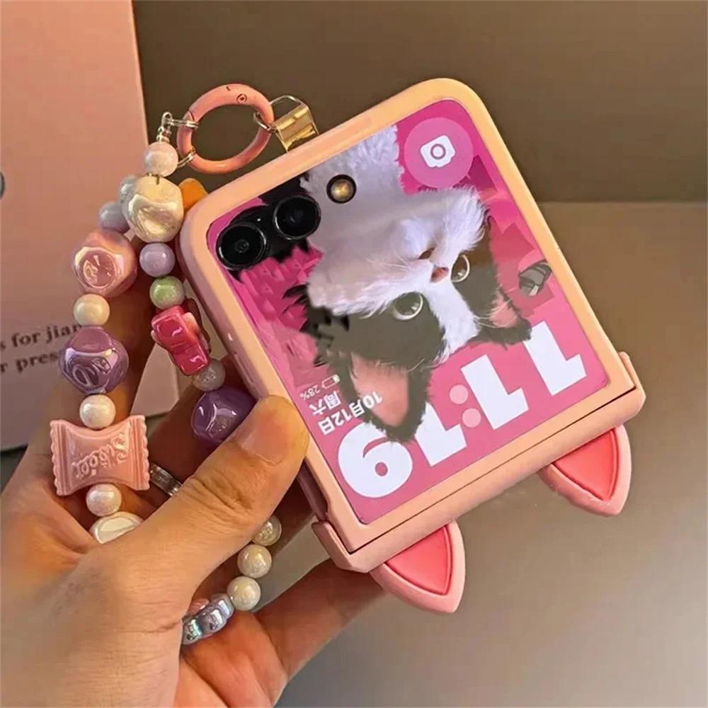 Japan Korean Cute Pink Ears Candy Bracelet Hinge Case for Motorola Razr 60 50 40 Ultra 60Pro Razr Plus 2023 2024 2025 Cover