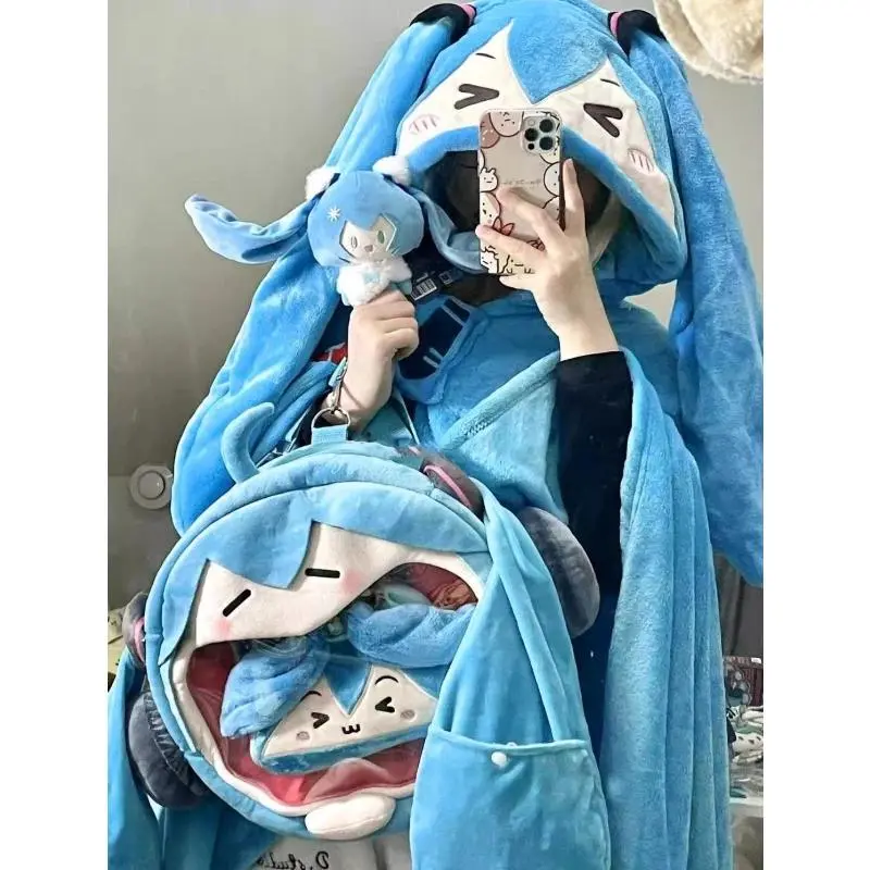 Anime Hatsune Itabag Multi Functional Kawaii Air Conditioning Hooded Blanket Soft Warm Siesta Shawl Miku Flannel Cloak Girl Gift