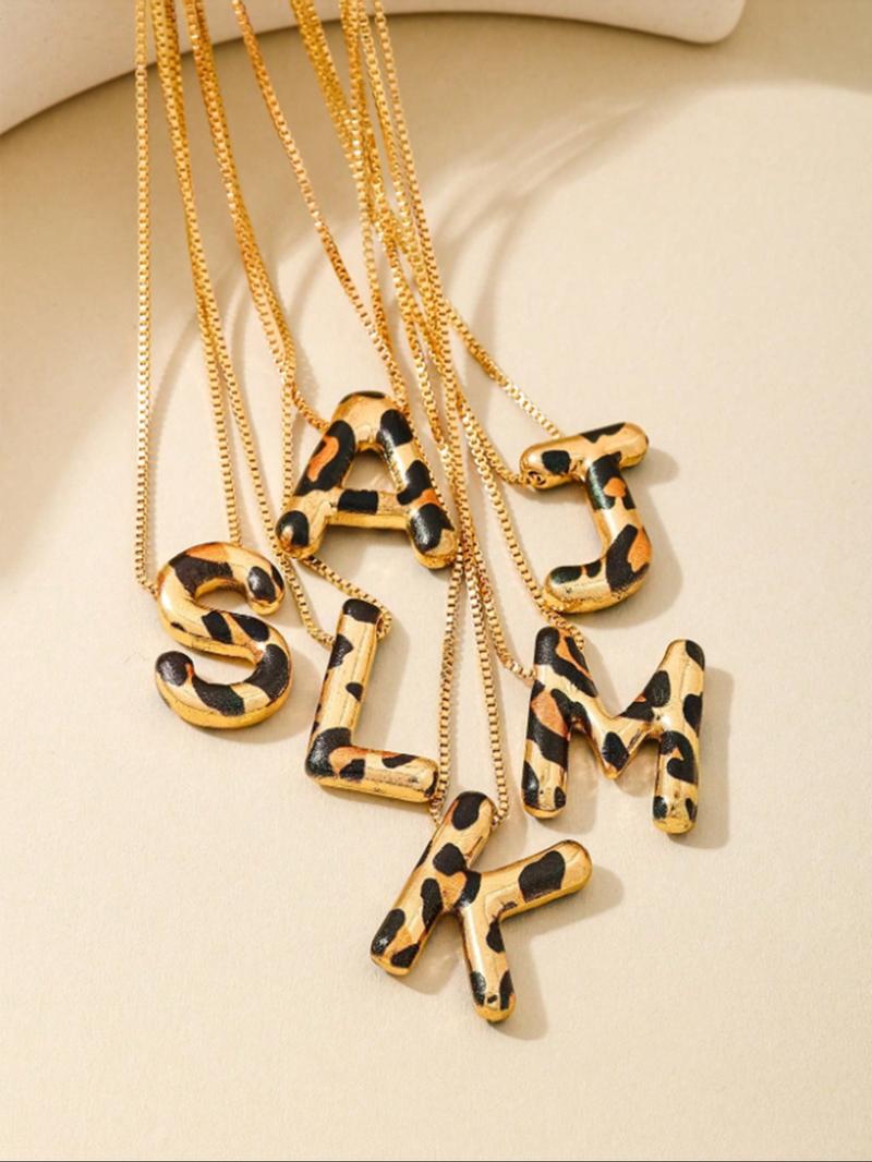 Women's Leopard Print Letter Pendant Necklace, Metal Alphabet Chain Jewelry, Casual Daily Wear Accessory, Perfect Gift Idea, Letters Necklace