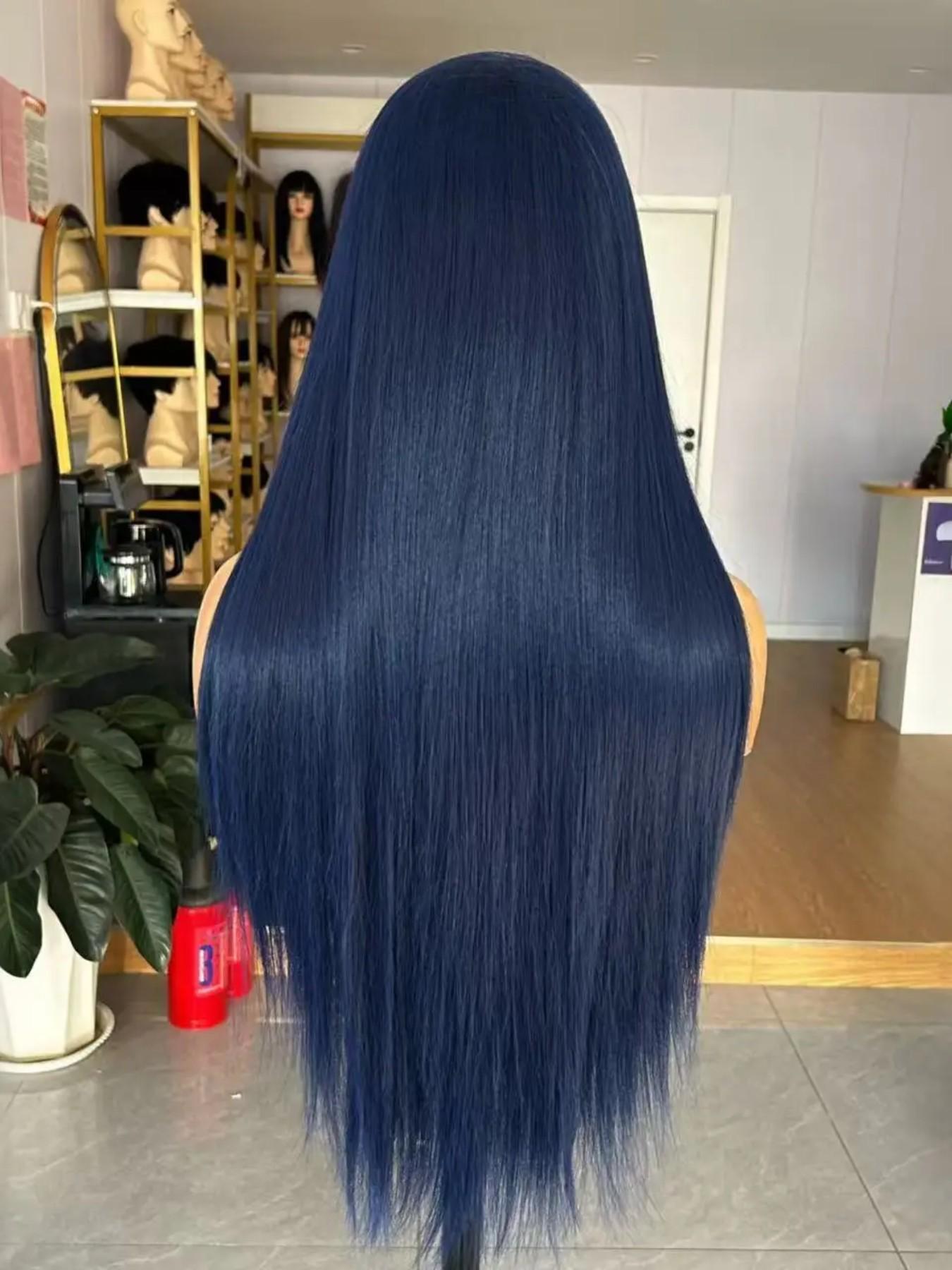 28-Inch Deep Blue Straight Wig for Women, Soft Lace Front, 180% Density, Pre-Plucked, No Glue, Heat Resistant, Daily Use