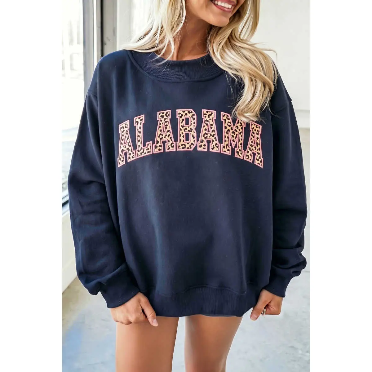 Dirty blue Embroidered Leopard Alabama High Neck Long Sleeve Tunic Sweatshirt