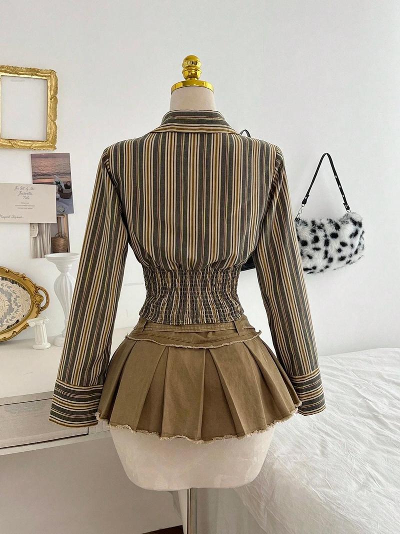 1 Piece Retro Striped Waist-Cinched Shirt Set | Euro-Hong Kong Style | Deep V Drawstring + Slim-Fit Silhouette | Elegant Pick for Daily Commute / Coffee Dates / Valentine's Day